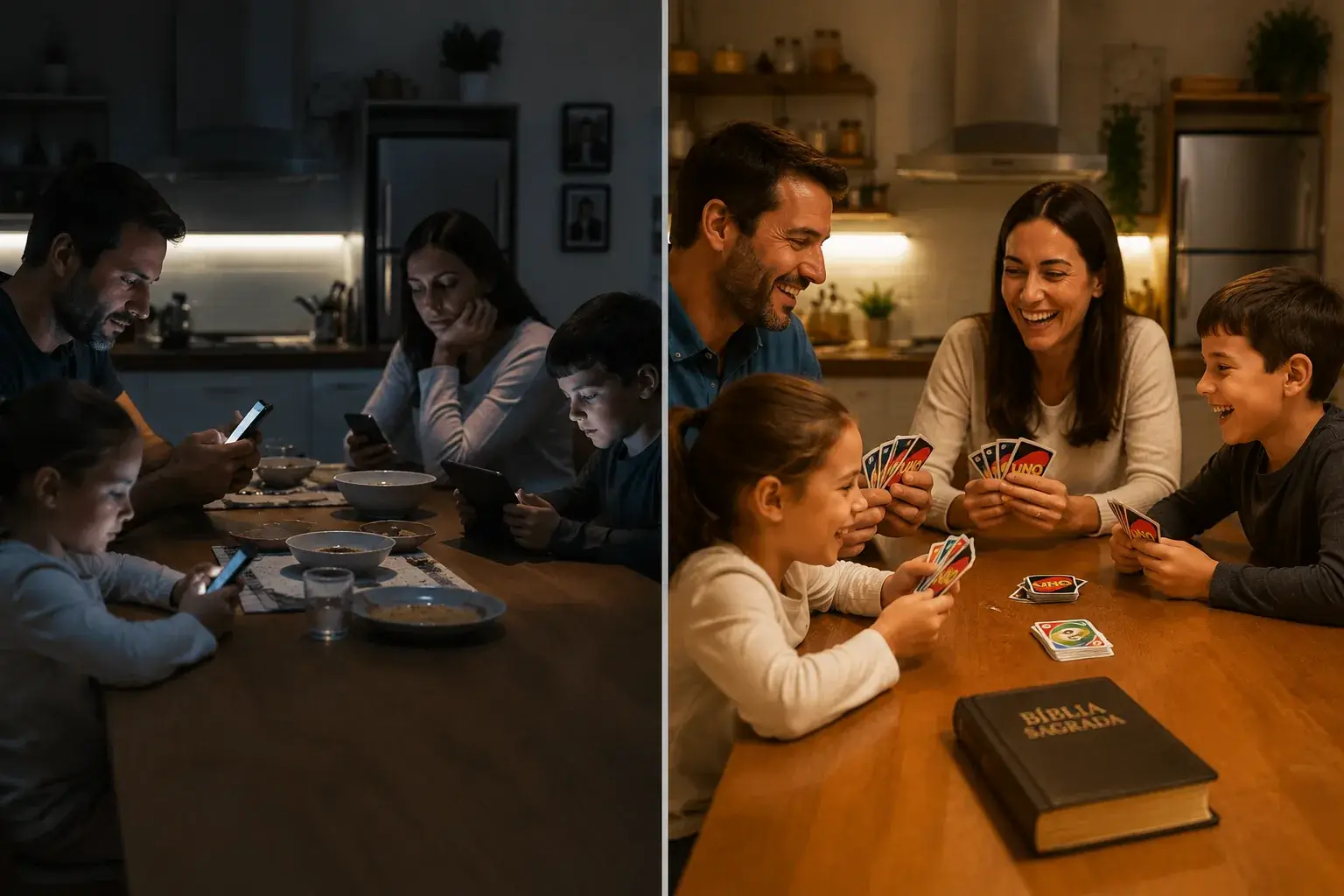 Família unida jogando Uno Cristão